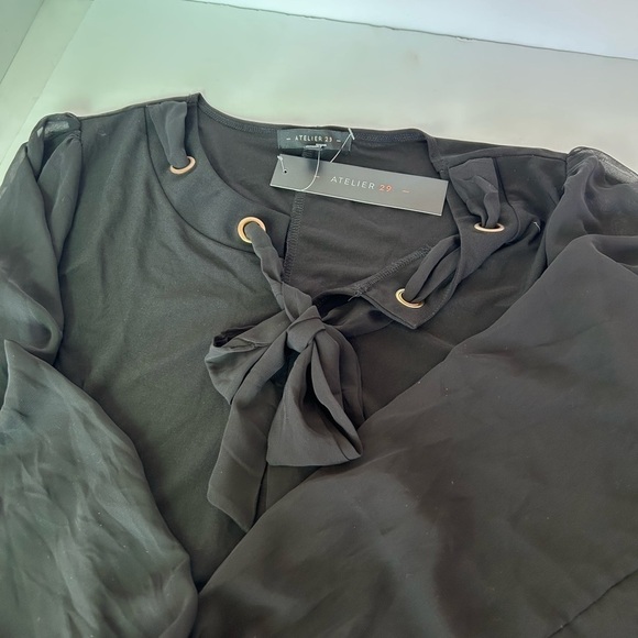 Atelier 29 Black Tie Front Blouse with Sheer Sleeves NWOT - Picture 2 of 6